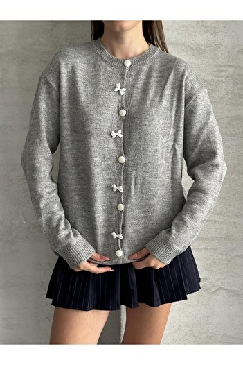 FERZOLAİO Gray Knit Cardigan with Bow and Buttons