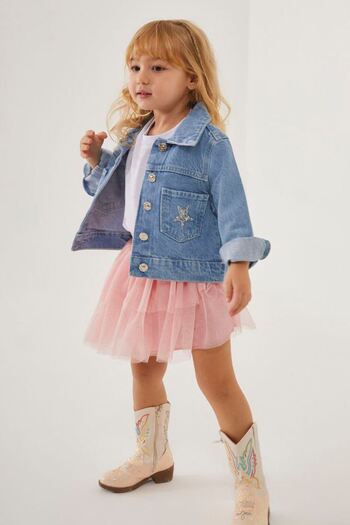 Minigimin Cicileri My Little Girl's Glitter Star Detailed Denim Jacket and Tutu Skirt Set - Powder