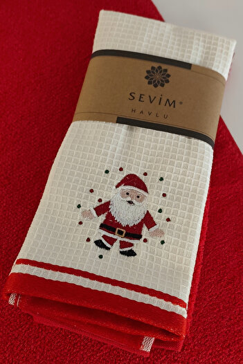 Sevim Set of 2 Santa Claus Embroidered Kitchen Towels - 100% Cotton - Christmas Gift - Gift Towel