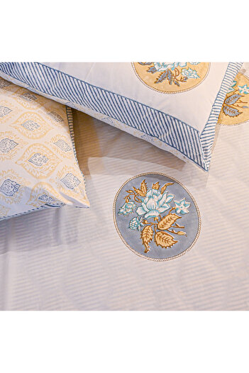 SARAS LABEL Heritage Block Print 100% Cotton Percale Bedsheet with 2 Pillowcases