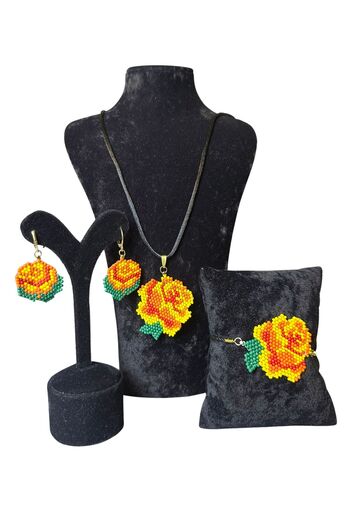Uretti - Özlem 9422 8512 Handmade Rose Model Sand Bead Necklace / Bracelet / Earrings 3-Piece Jewelry Set