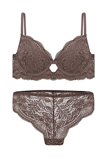 Wonna Lace Low-Cut Bra Panty Set Push Up, 2451 Bitter Brown
