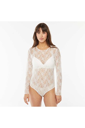KIABI Long-sleeved lace bodysuit WHITE
