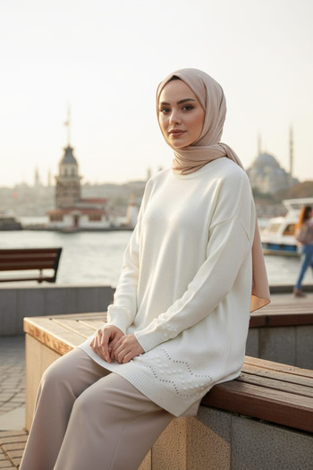 N.S NEVA STYLE Patterned Ecru Hijab Knitwear Sweater Tunic 20023E