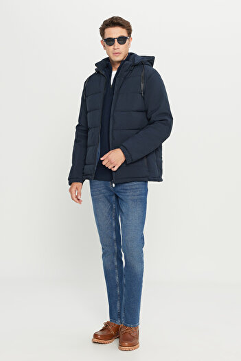 AC&Co / Altınyıldız Classics Men's Navy Blue Standard Fit Regular Cut Stand Collar Hooded Casual Coat with Side Pockets