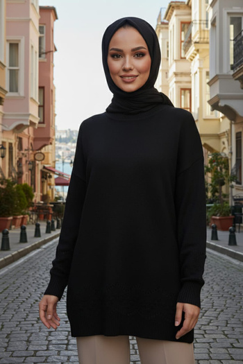 N.S NEVA STYLE Patterned Black Hijab Knitwear Sweater Tunic 20023S