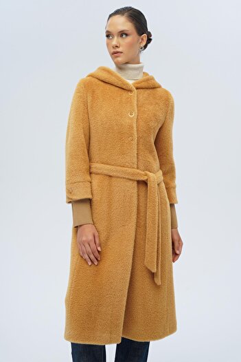 Olcay Hooded Rib Detailed Plush Coat Kamel 3118
