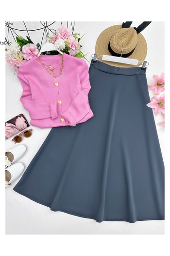 YEDİLALE Heart Buttoned Knitwear Cardigan Flawed Skirt Double Set [Cardigan Std Size, Skirt Size Included]