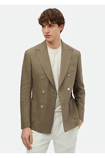 Ramsey Khaki Striped Zeroweight Slim Fit Linen Blend Jacket