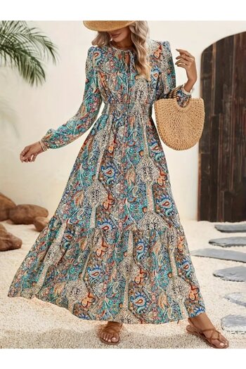 JANES Women's Long Sleeve Uakadab Lace-Up Elastic Waist Patterned Long Single Jersey Dress