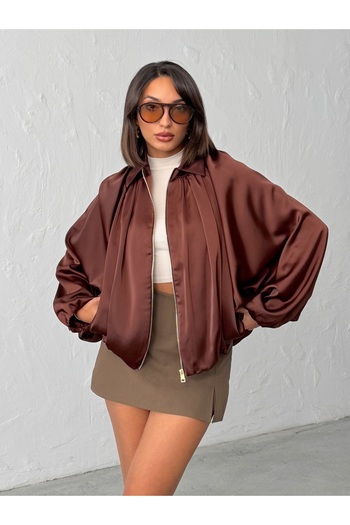 BEJNA Women's Brown Satin Surface Oversize Bomber Jacket