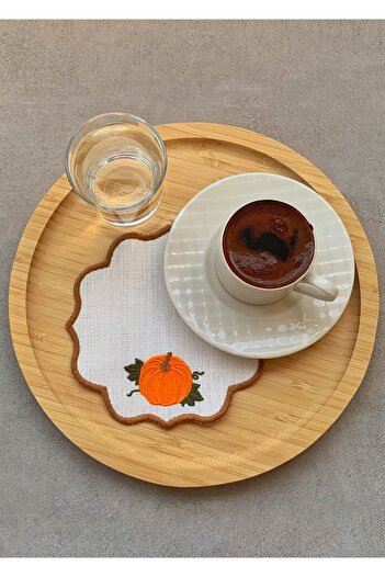 Mora Tekstil Pumpkin Embroidered, Linen Brown Presentation Napkin Set of 6, Special Design, Autumn Concept