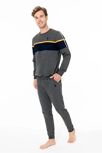 U.S. Polo Assn. Men's Anthracite Color Long Sleeve Crew Neck Color Block Elasticated Leg Pajama Set C6T3N981