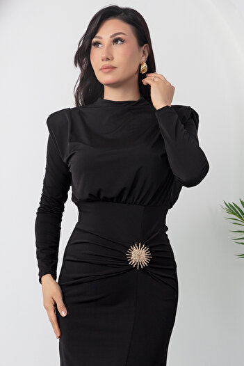 PULLIMM High Neck Shoulder Padded Buckle Dress 2025-4354