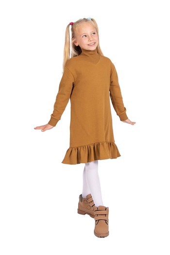 Ozmoz By Mukadder Özden Organic Skirt Ruffled Light Brown Winter Girl's Dress
