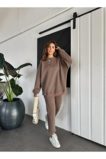 BOUQUET OF TULİP Basic Ribbed Sweatshirt Stitching Detail Tracksuit Set