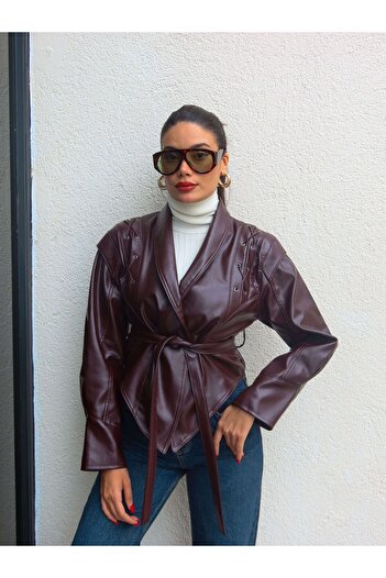 ESRAHELVACI Asymmetrical Leather Jacket with Shoulder Lace Detail