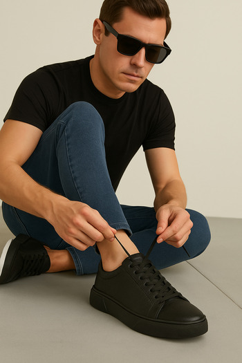 MAKRAS 777 Tommy Genuine Leather Tommy Casual Sneaker Daily Shoes Full Black