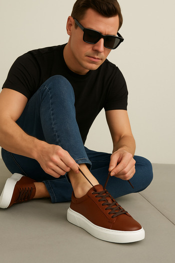MAKRAS 777 Tommy Genuine Leather Tommy Casual Sneaker Daily Shoes Tan Brown