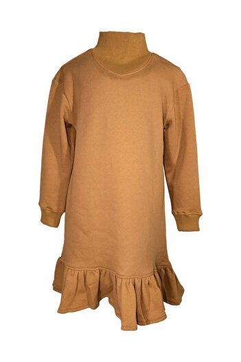 Ozmoz By Mukadder Özden Organic Skirt Ruffled Light Brown Winter Girl's Dress