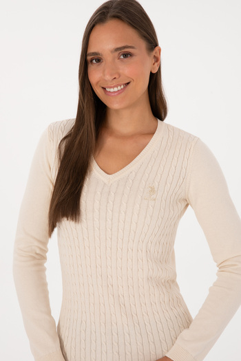 U.S. Polo Assn. Women's Beige Sweater With V-Neck And Cable Texture
