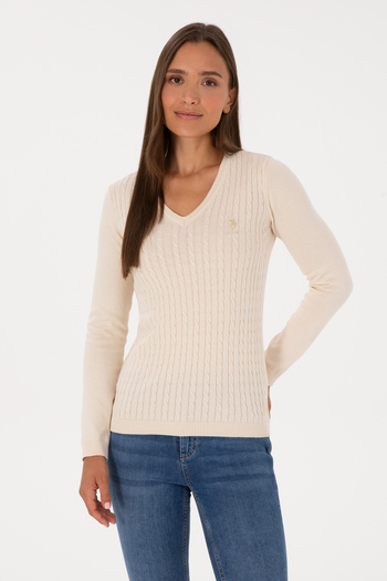 U.S. Polo Assn. Women's Beige Sweater With V-Neck And Cable Texture