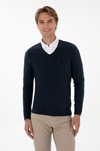 U.S. Polo Assn. Men's Indigo V-Neck Sweater with Embroidered Logo