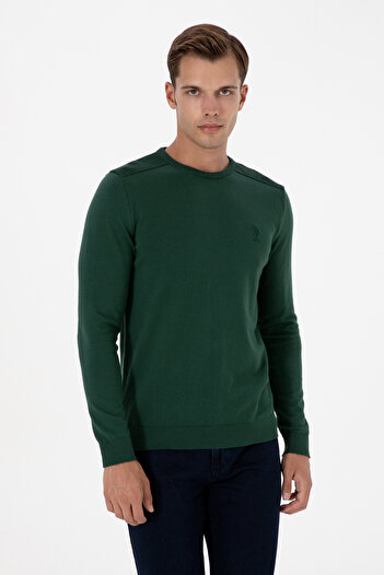U.S. Polo Assn. Men's Green Sweater With Round Collar And Texture On The Shoulders