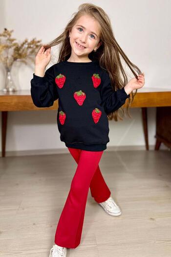 Riccotarz Girl's Strawberry Figured 3 Thread Sweater Loose Fit Skuba Fabric Red Bottom Top Set