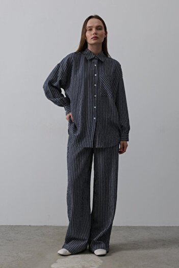 Asil Acar Home Set oversize cu buzunar în dungi - bleumarin
