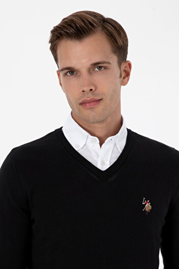 U.S. Polo Assn. Men's Black Sweater With V-Neck And Embroidered Color Logo