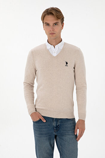 U.S. Polo Assn. Men's Beige Sweater With V-Neck And Embroidered Logo