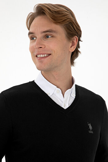 U.S. Polo Assn. Men's Black V-Neck Sweater with Embroidered Logo