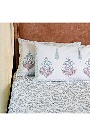 SARAS LABEL Heritage Block Print 100% Cotton Percale Bedsheet with 2 Pillowcases