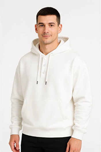 Aymood Men's Oversized Hooded Sweatshirt with Kangaroo Pocket and Snap Fasteners, 3 Thread Raised Hoodie - White