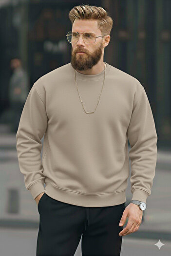 dwnwear Ανδρικό φούτερ χειμερινό, χαλαρό και κανονικό, με λαιμόκοψη, σε μπεζ χρώμα