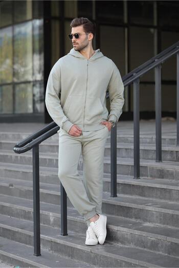 Madmext Mint Green Hooded Zippered Basic Men's Tracksuit Set E7331