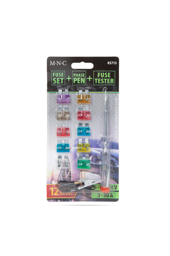 MNC Set of 10 car fuses 19x13mm 3 5 7.5 10 15 20 25 30A + phase pencil/tester 6-24V M`N`C 05713