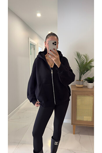 BİRCANÇİL Veyrona Black Hooded Zippered Cardigan