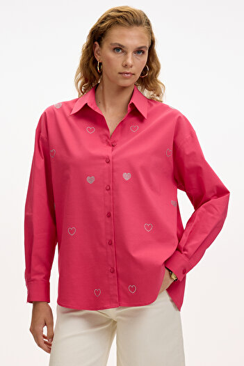 Allyco Stone Embroidered Relaxed Fit Fuchsia Shirt