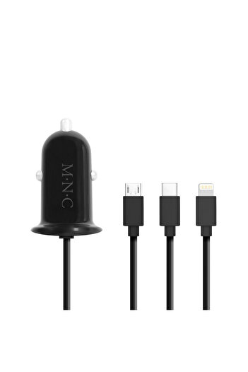 MNC 3in1 adapter for car cigarette lighter 12-24V - USB + Lightning Micro USB and USB Type-C cable 3.1A black