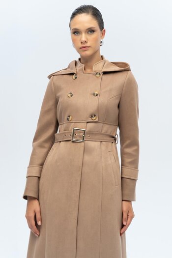Olcay Hooded Garni Detailed Suede Look Overcoat K. Kamel 6677
