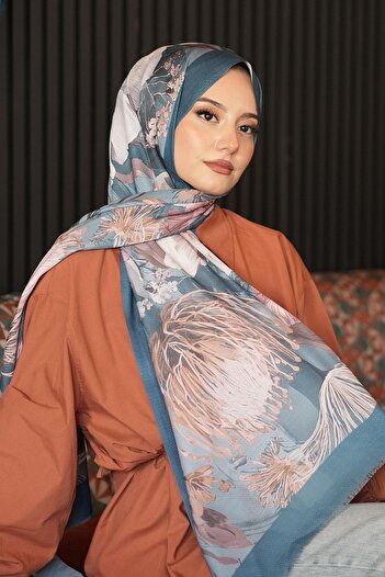 AFVENTE Botanical Floral Pattern Turquoise Cotton Shawl