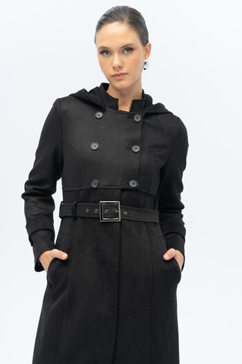 Olcay Hooded Garni Detailed Suede Look Top Coat Black 6677