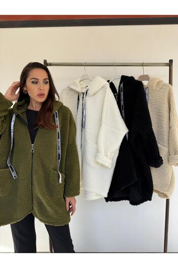AGORATEKSTİL Women's Lamb Tedi Zippered Hooded Boucle Jacket