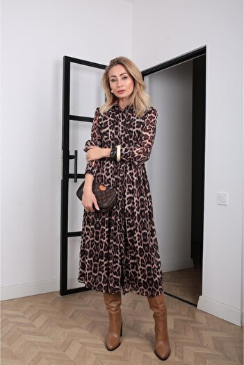 Ecenin Favorileri Leopard Print Chiffon Shirt Dress