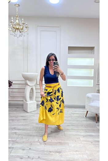 AGORATEKSTİL Women's Italian Belted Rose Patterned Cotton Skirt
