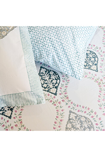 SARAS LABEL Heritage Block Print 100% Cotton Percale Bedsheet with 2 Pillowcases
