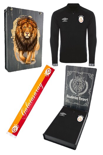 Galatasaray Original Licensed Half Zipper 5 Star Black Sweat + Shawl Kaşkol Set Gift Box