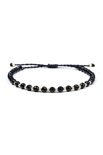 Velar Bracelets Cord Bracelet with Faceted Onyx 4mm and 14K Gold Balls 2.5mm (Adjustable)